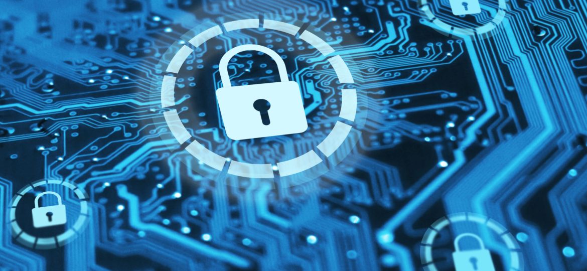 Cyber security and protection of private information and data concept. Locks on blue integrated circuit. Firewall from hacker attack.