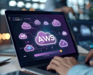 man working on a laptop with AWS web services holographic digital business hub device