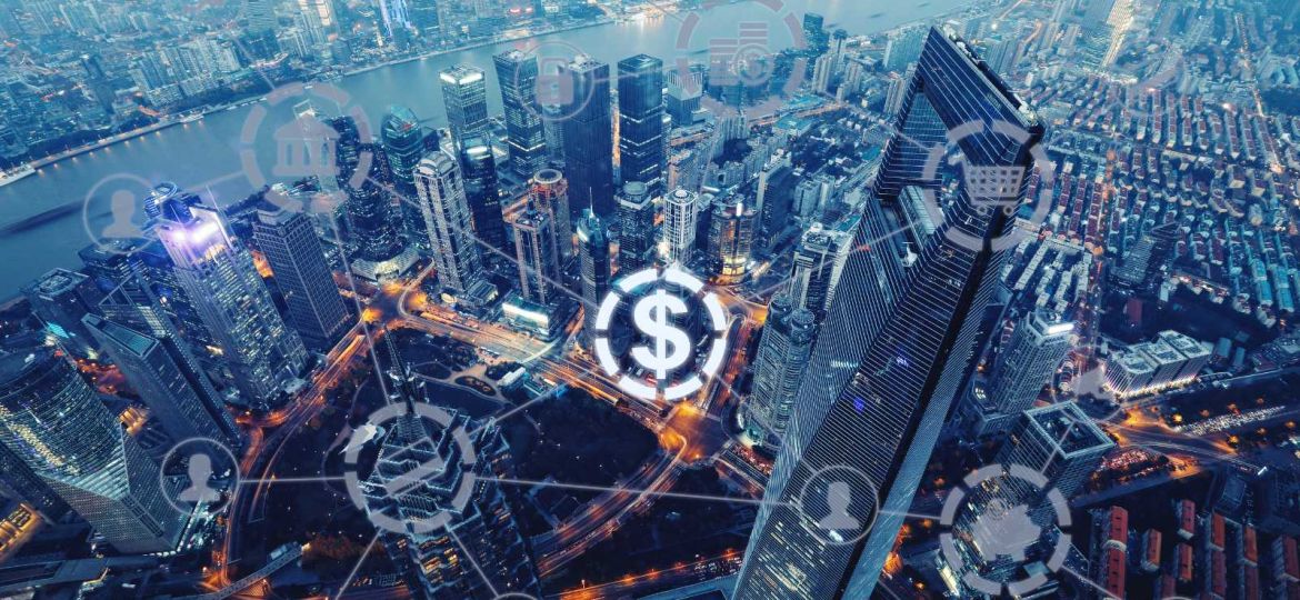 Buildings with banking and financial services concept overlay