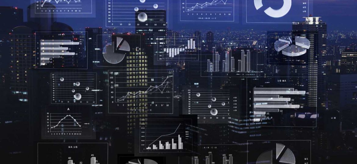 City skyline with an overlay of graphs and reports