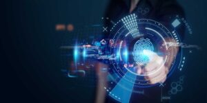 Identity and access management concept with finger pointing to finger print