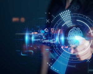 Identity and access management concept with finger pointing to finger print